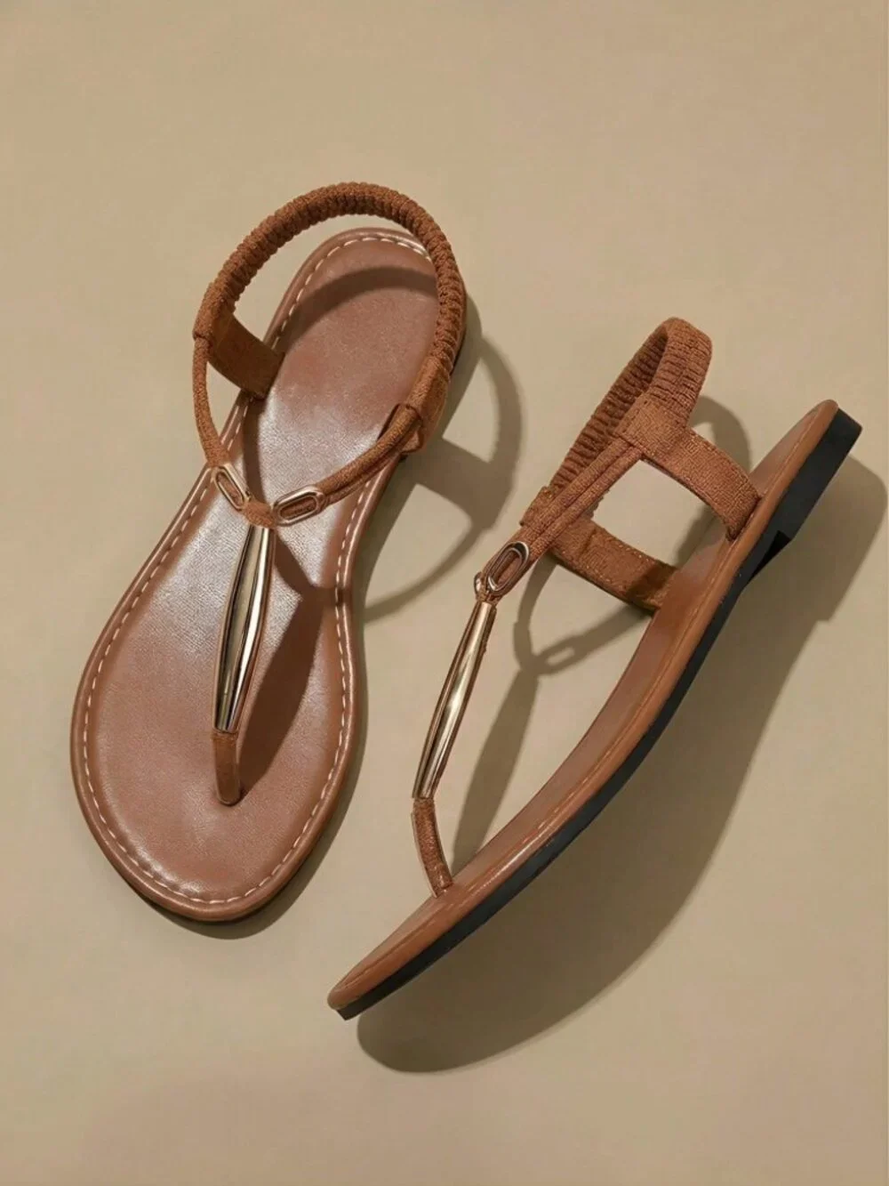 Cognac Brown T-Strap Flat Sandals with Gold Toe Bar